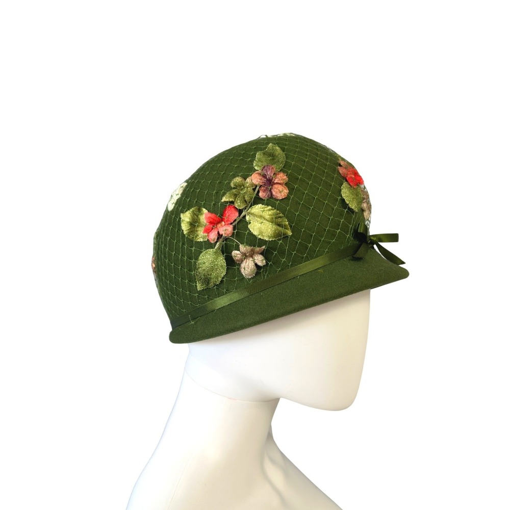Vtg 50s Green Wool Felt Cloche Hat Floral Velvet Glenover Flapper Style JS - Picture 2 of 12